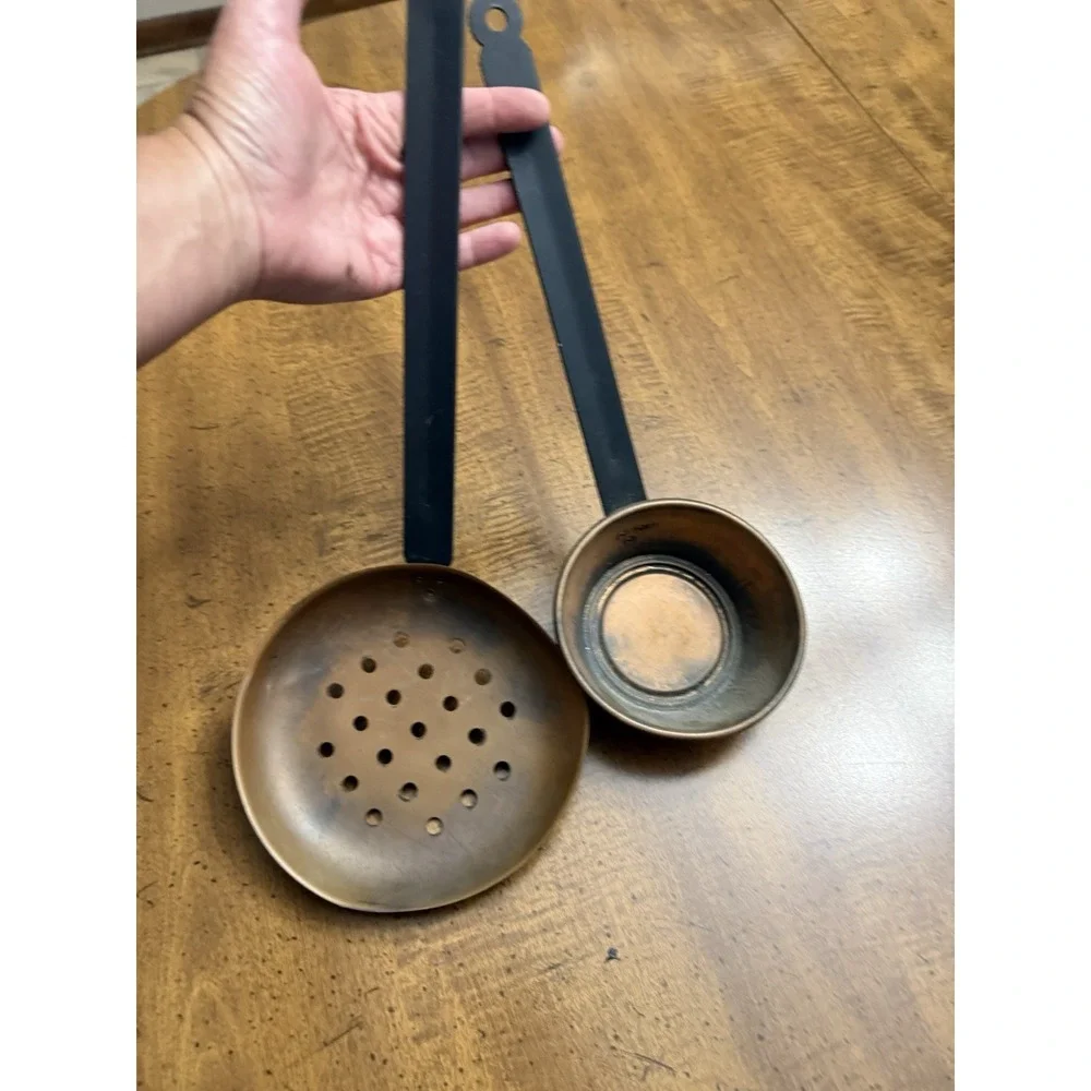 Vintage Long Handled Copper Look Wrought Iron Ladle Cup & Strainer Wall Decor